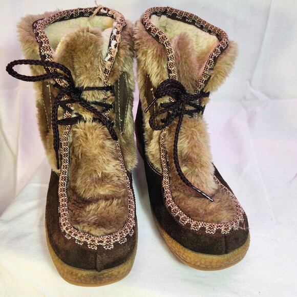 SnowRare Vintage 70's leather Winter‎ Boots Faux Fur Sherpa Lined Women’s Sz 10 - Picture 1 of 7